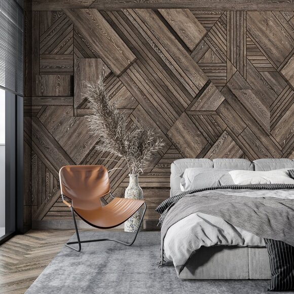 Geometric Dark Wood Panel Wallpaper | Modern Wood Wall Art | Designer Wallpaper - Picture 4 of 9